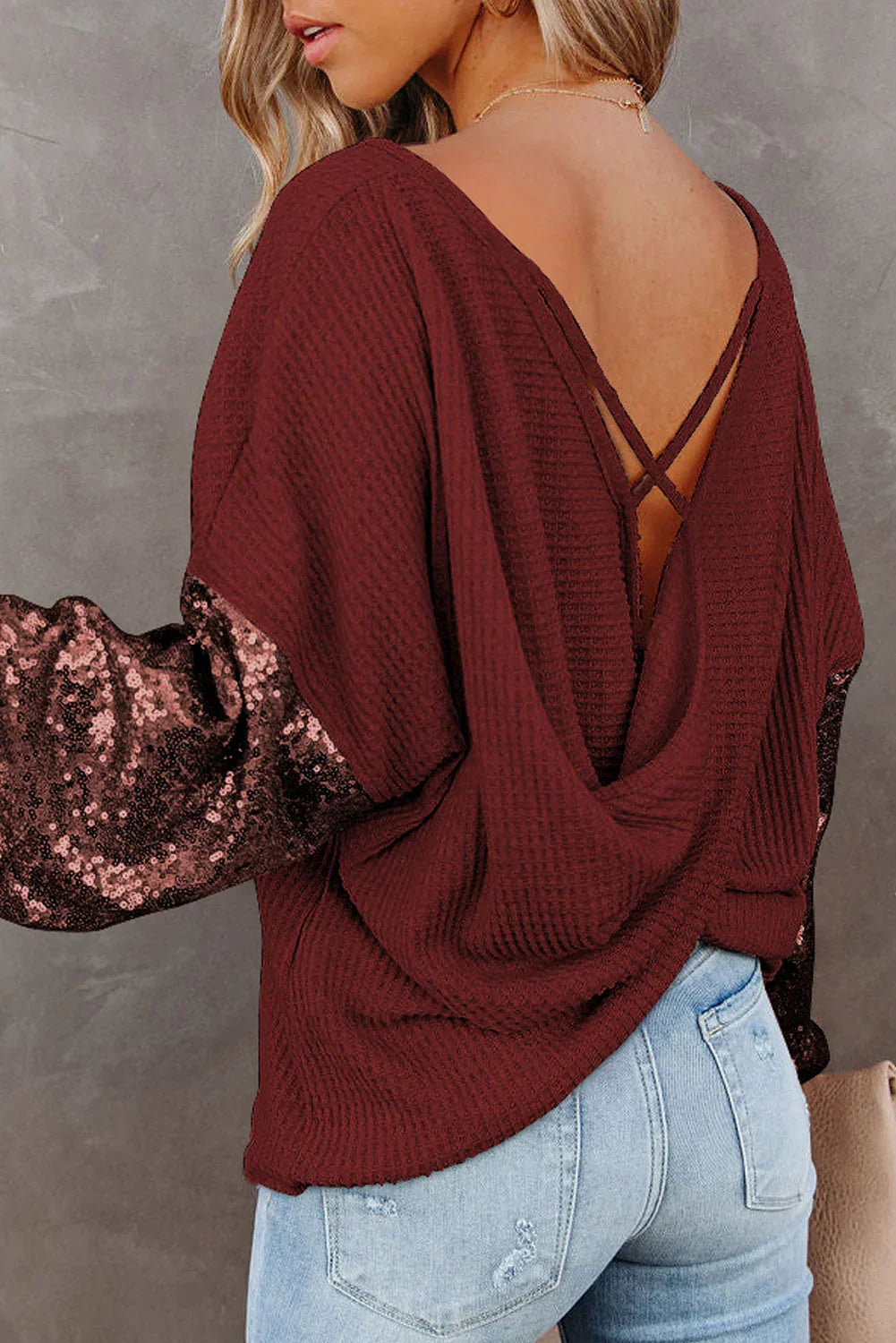 Southern Shores Clothing Sequin Waffle Knit Blouse In 100 Percent Polyester Fabric For Everyday Wear - Southern Shores Clothing