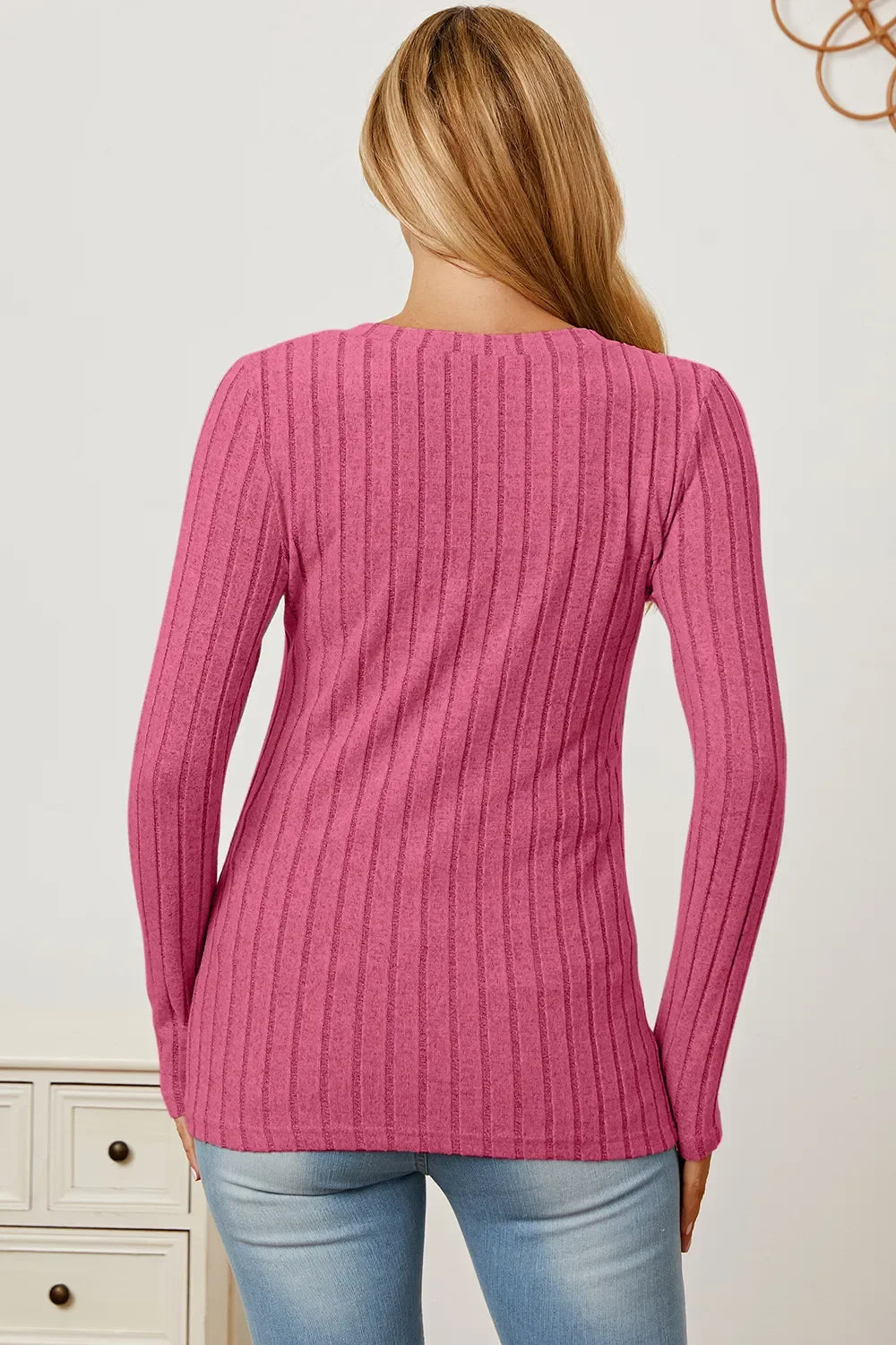 Classic Ribbed V-Neck Long Sleeve Knit Tee Top - Southern Shores Clothing