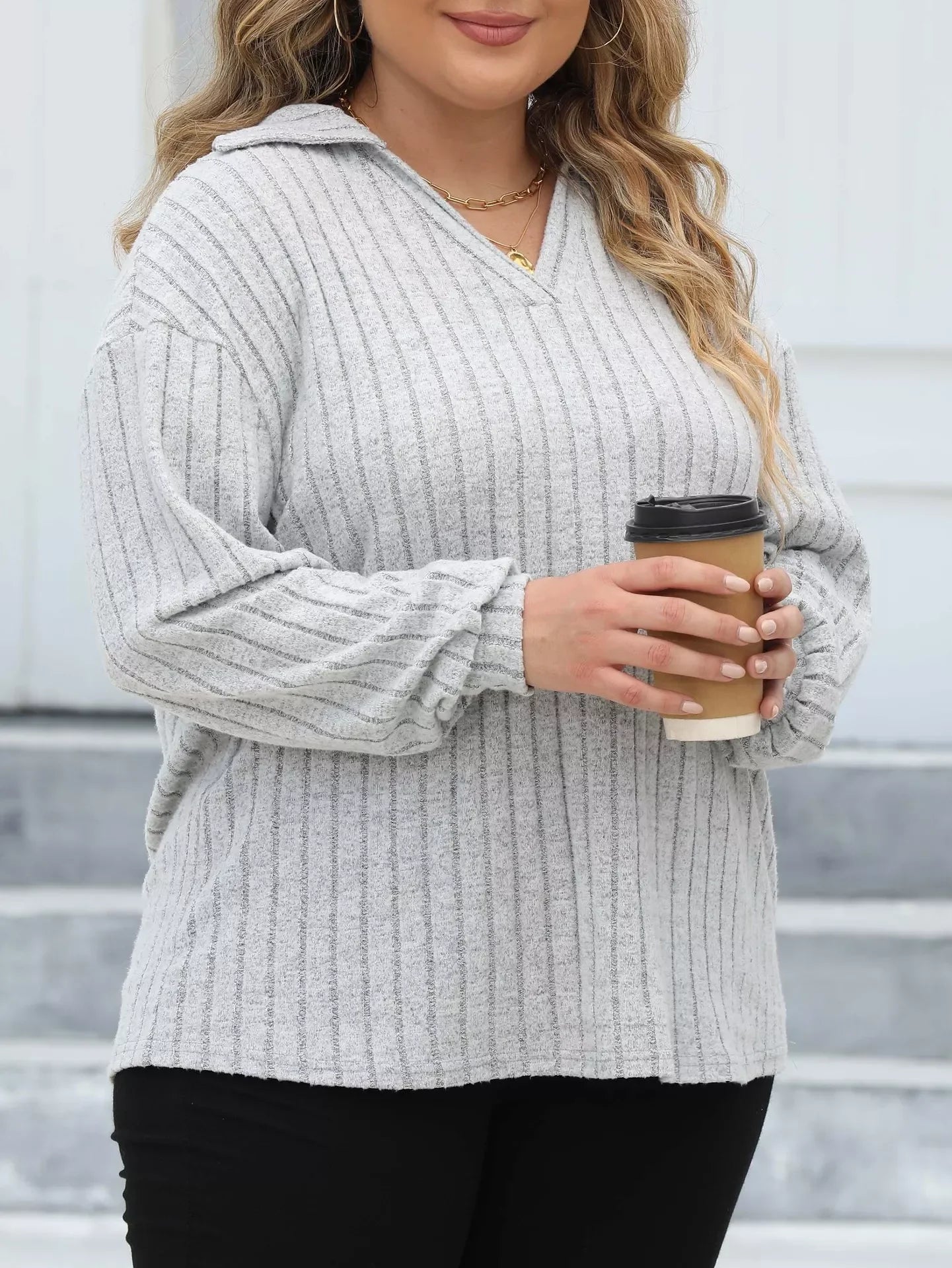 Plus Size Ribbed Knit Polo Collar T Shirt - Southern Shores Clothing