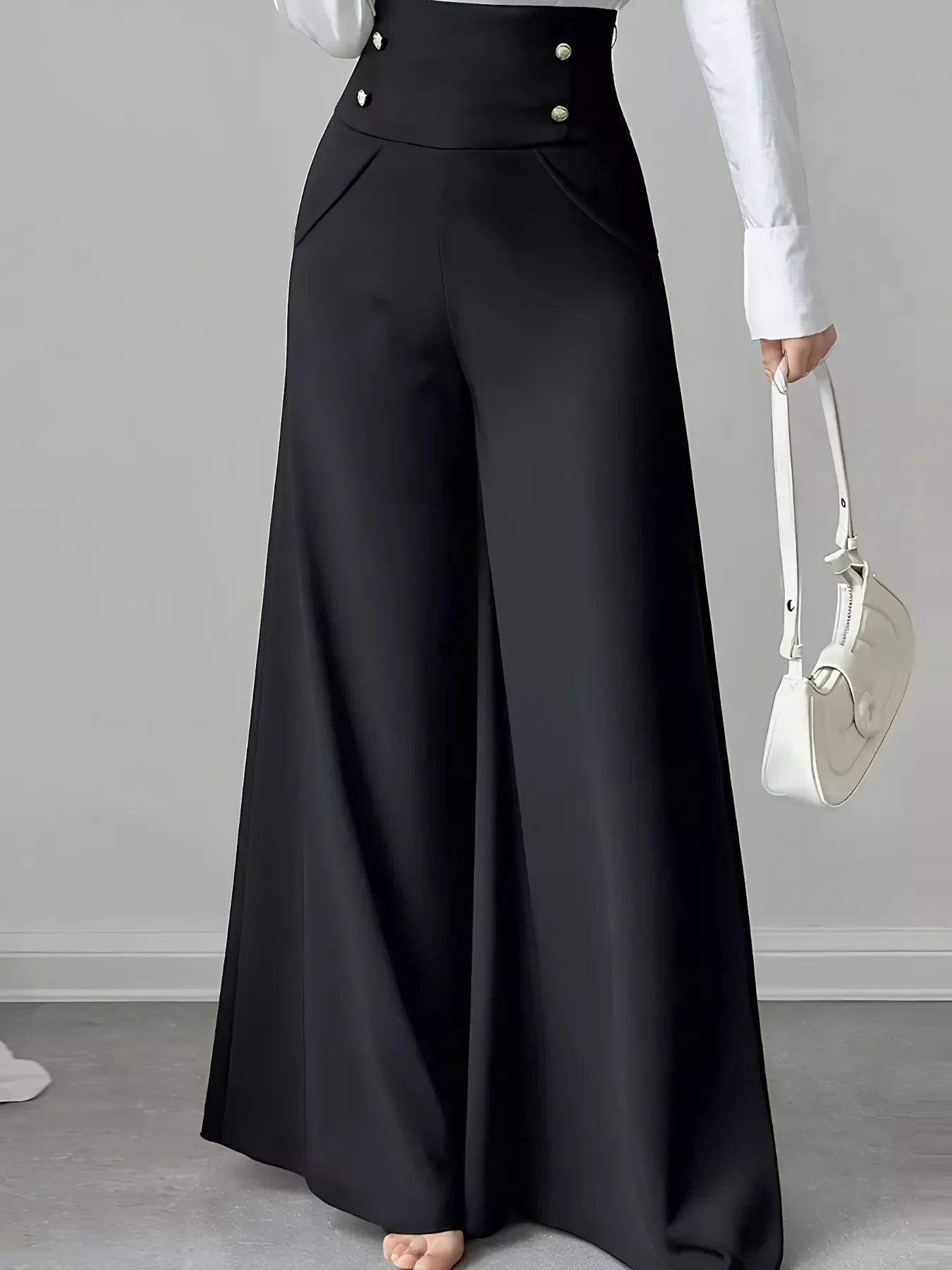 High Waist Wide Leg Button Decor Pants Everyday Wear - Southern Shores Clothing