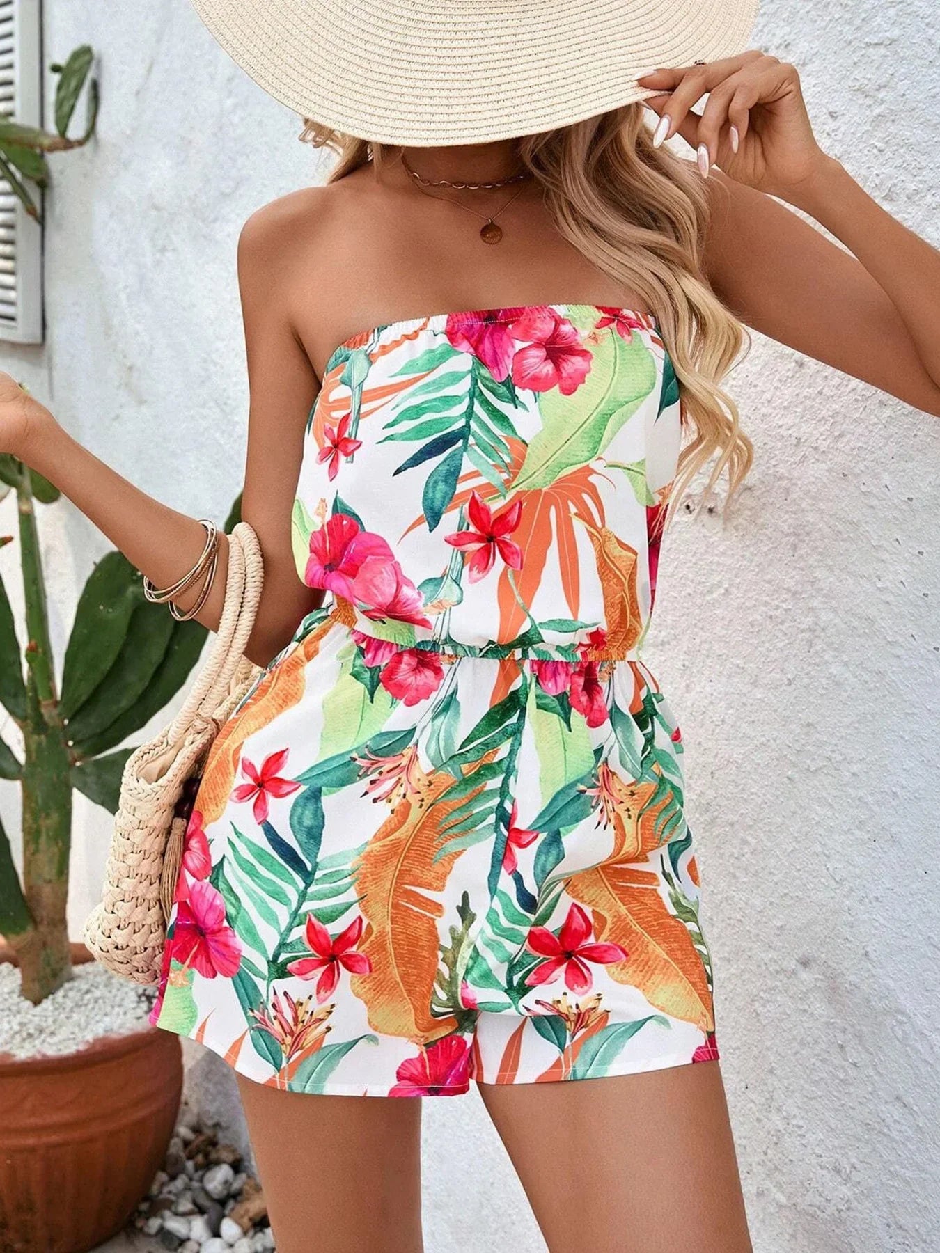Tropical Print Strapless Romper With Elastic Waist - Southern Shores Clothing