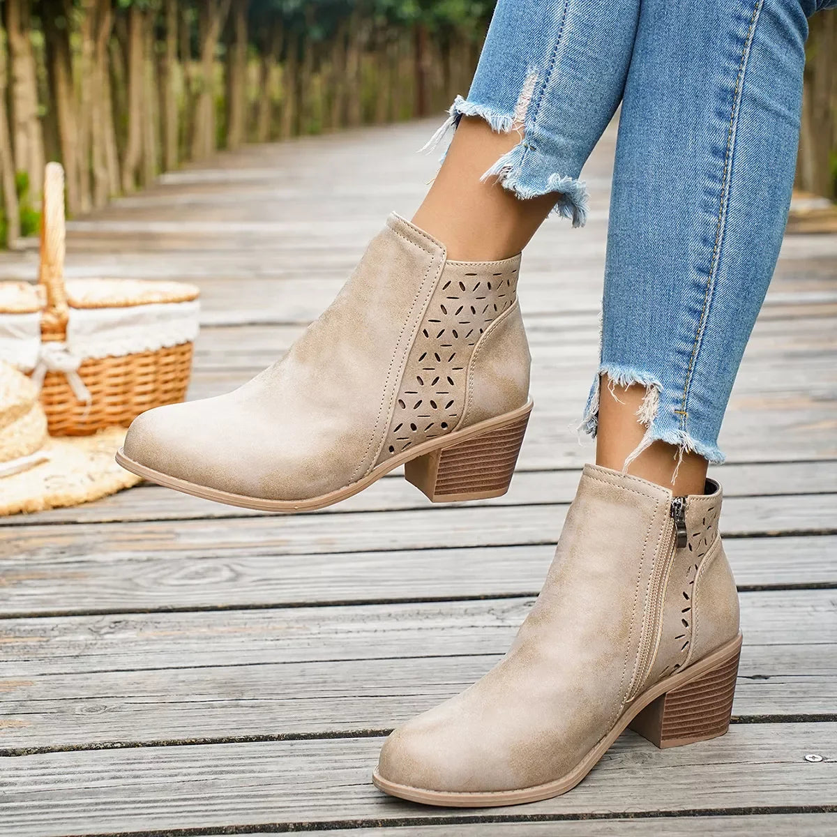 Round Toe Block Heel Ankle Boots Mid Heel - Southern Shores Clothing