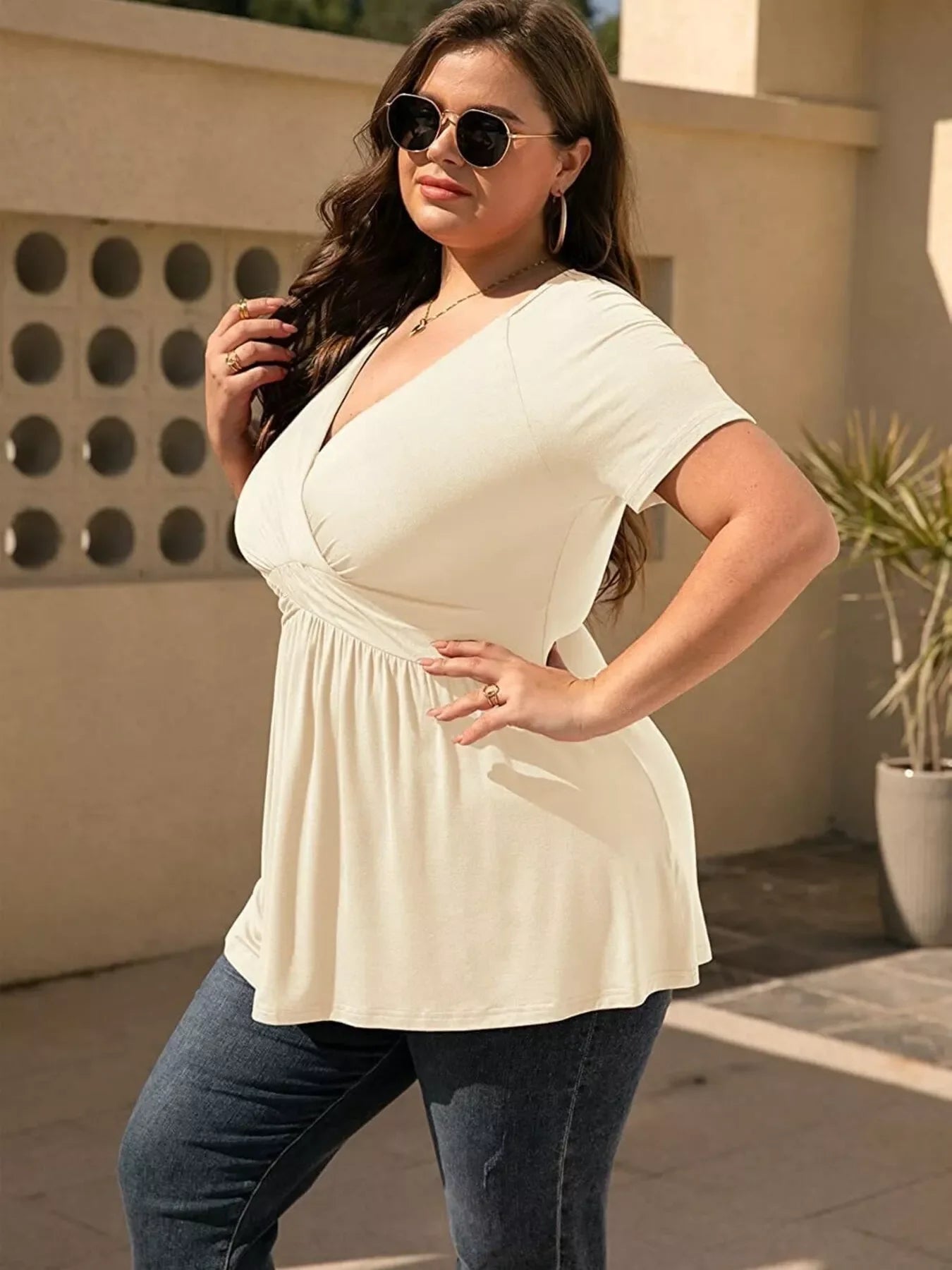 Plus Size Stretch Surplice Short Sleeve T Shirt - Southern Shores Clothing
