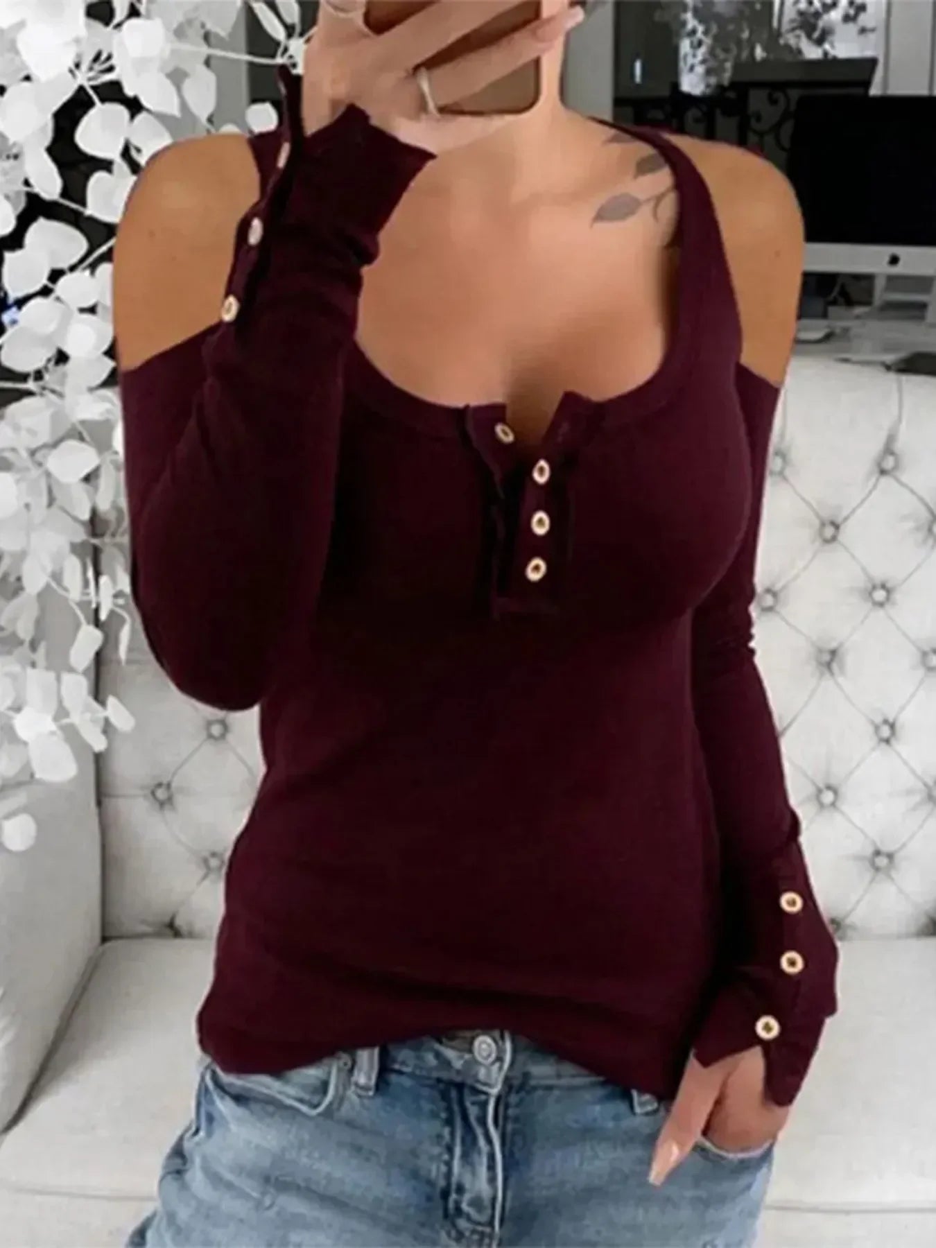 Cold Shoulder Ribbed Henley Tee With Button Detail - Southern Shores Clothing