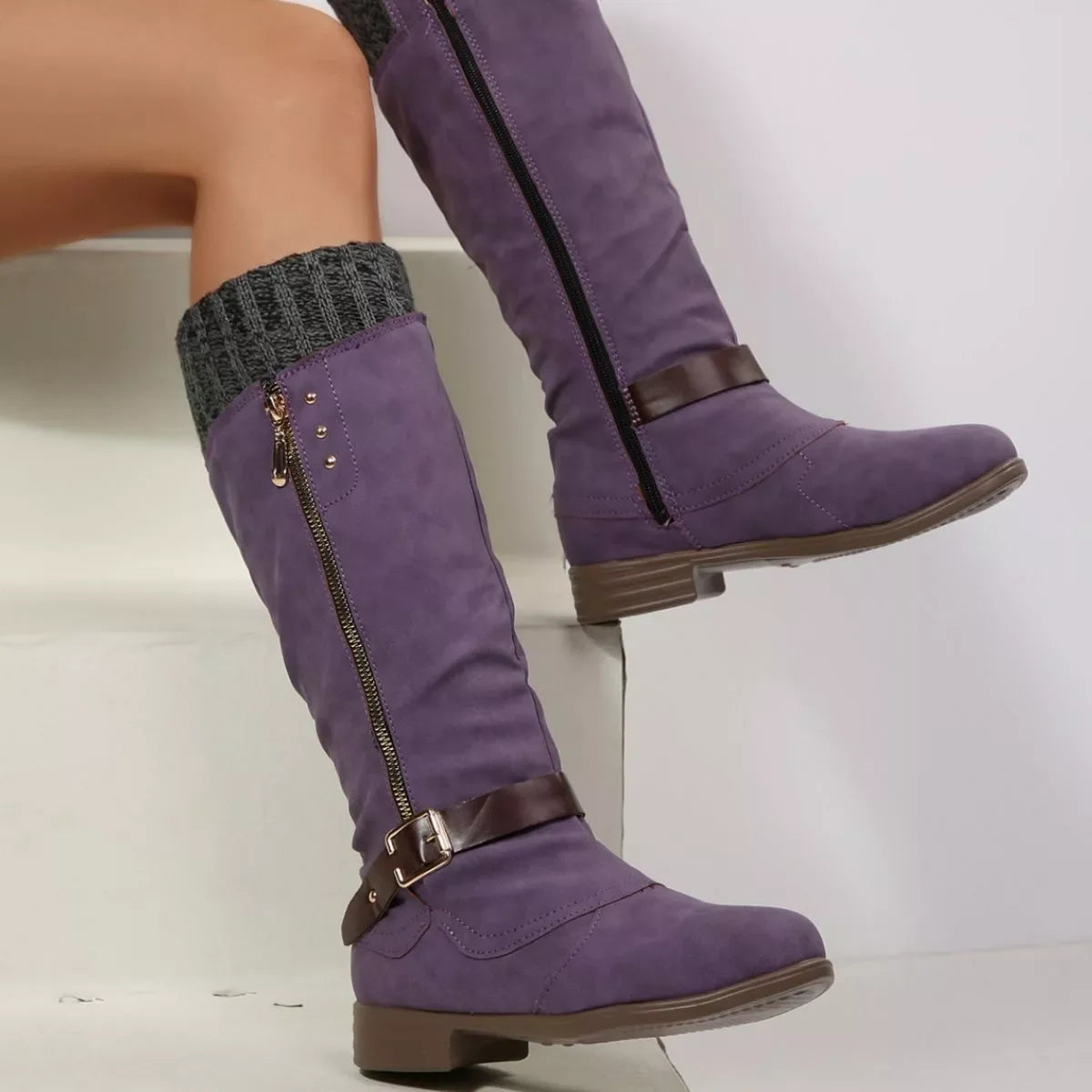 Round Toe Block Heel Boots Suede Rubber Casual