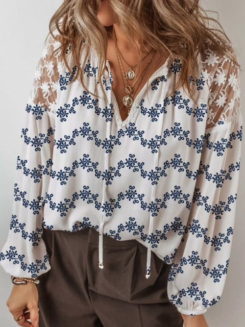 Printed Tie Neck Lace Long Sleeve Blouse Viscose - Southern Shores Clothing