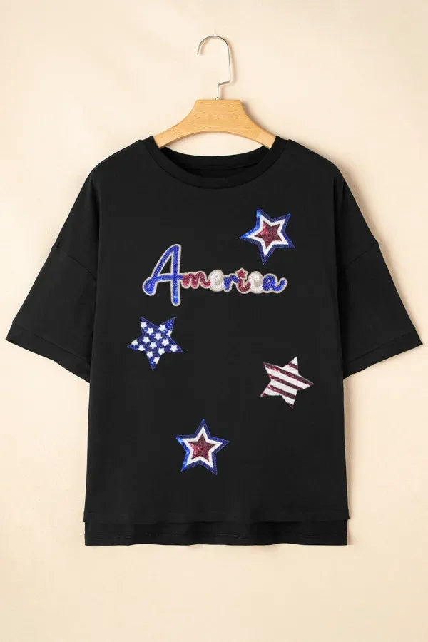 Sequined America Star Round Neck Shirt For Everyday Style - Southern Shores Clothing