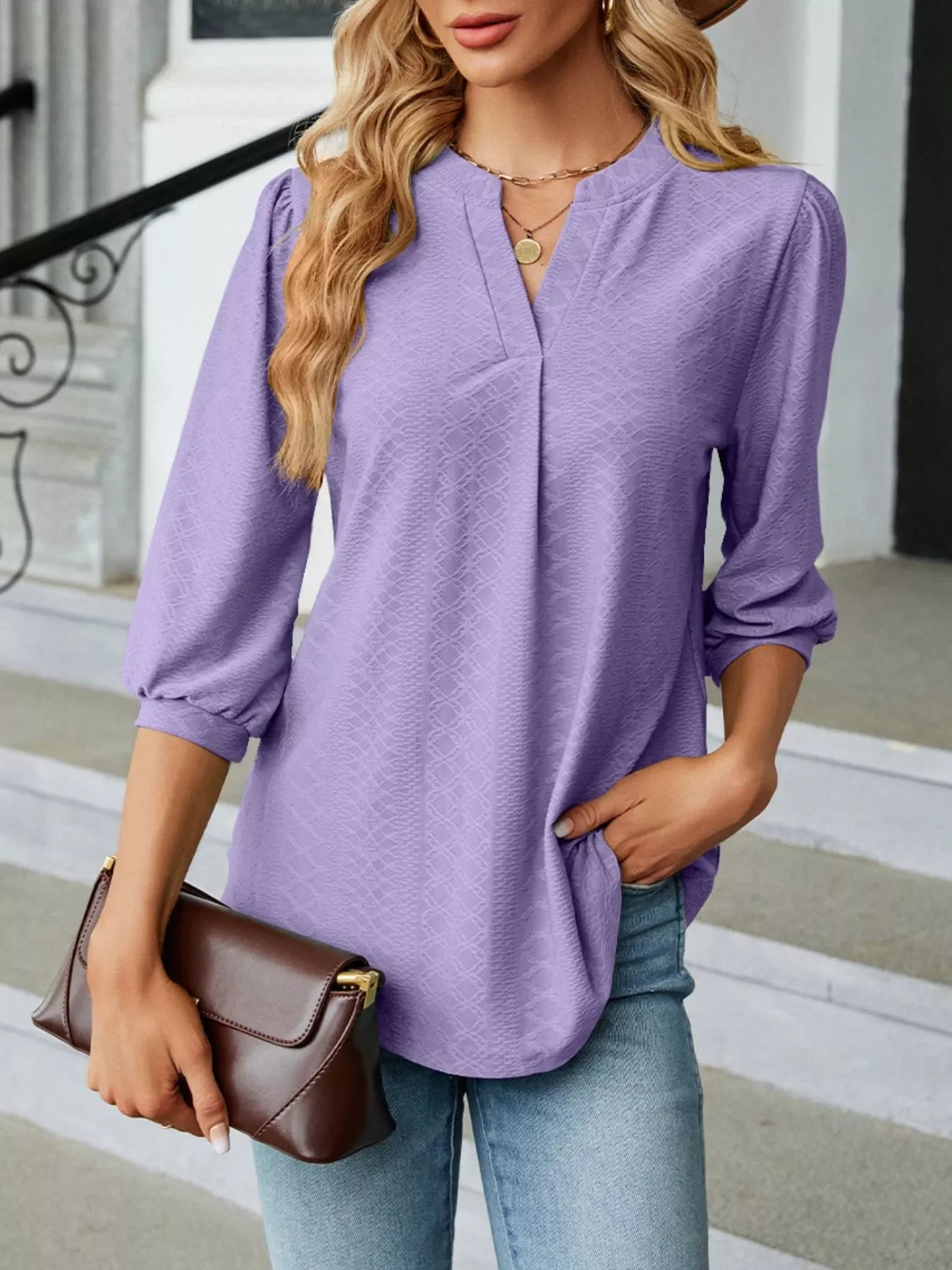 Notched 3/4 Sleeve Casual Top - Southern Shores Clothing