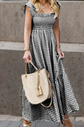 Smocked Ruffled Plaid Maxi Dress With Ruffle Hem - Southern Shores Clothing
