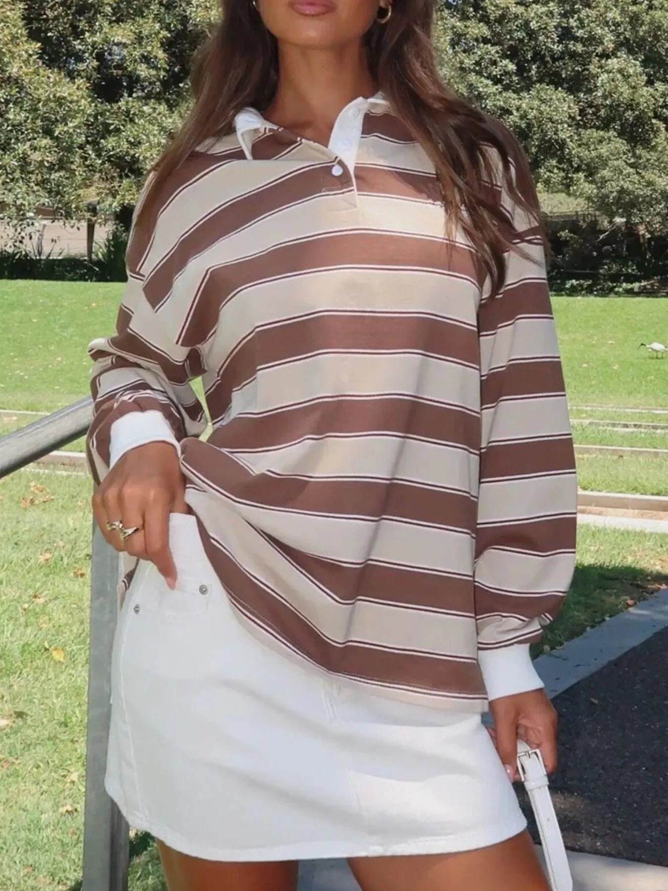 Striped Button Detail Long Sleeve Polo - Southern Shores Clothing