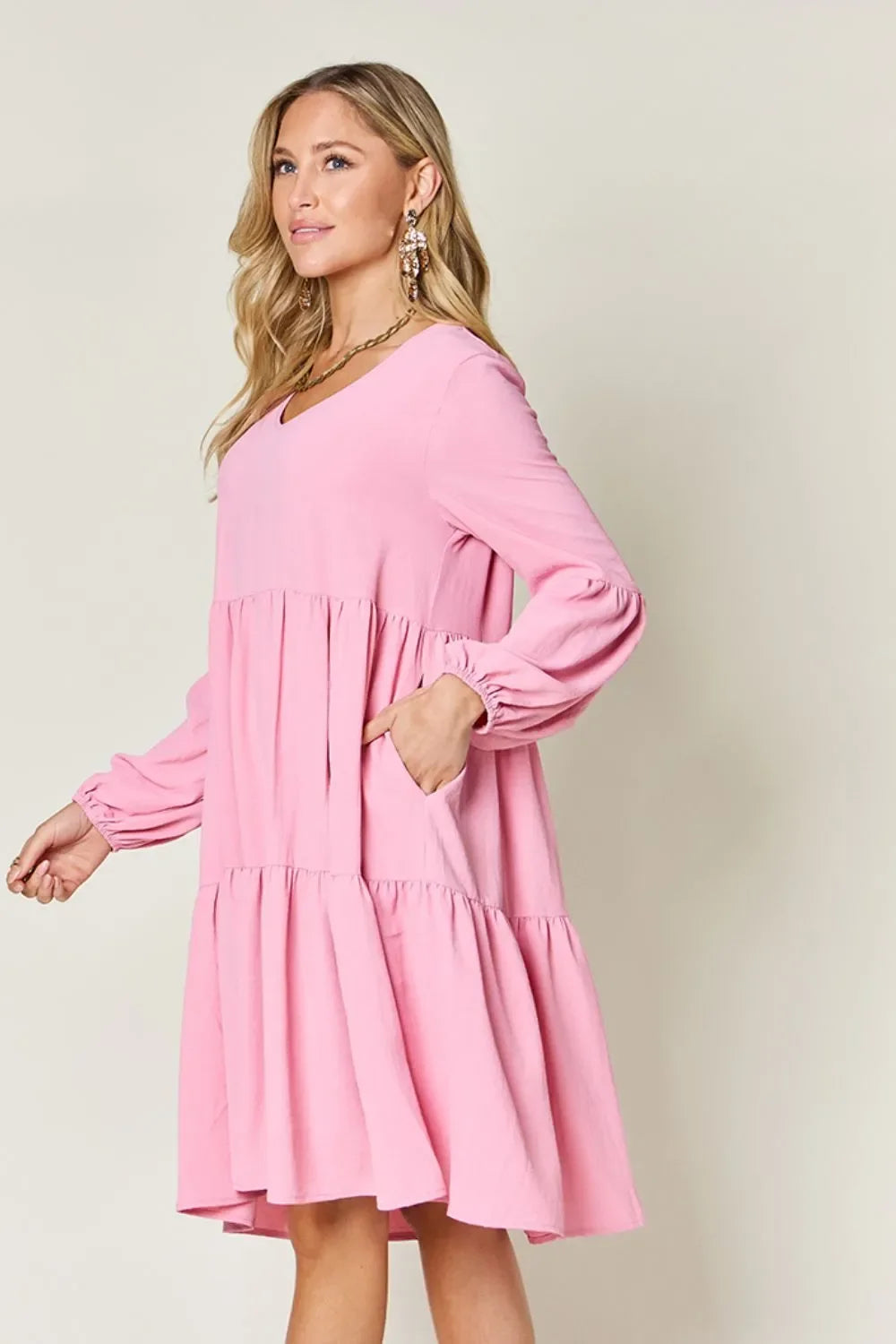 V Neck Balloon Sleeve Tiered Dress With Pockets - Southern Shores Clothing