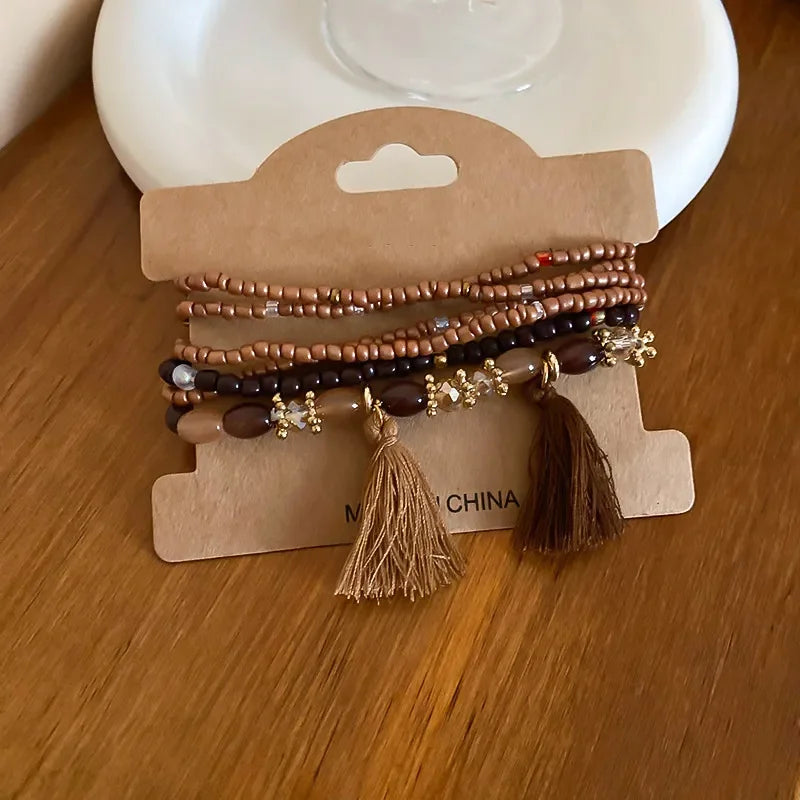 Multi Strand Boho Tassel Rice Bead Bracelet With Layered Beads - Southern Shores Clothing