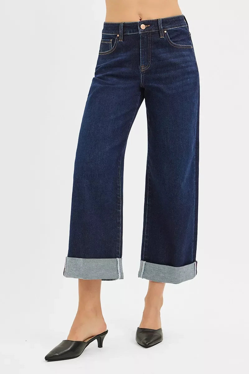 Mid Rise Ankle Wide Leg Roll Up Denim Jeans - Southern Shores Clothing