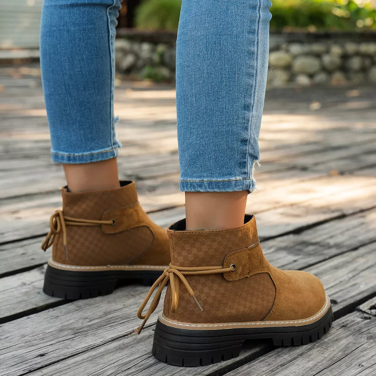Round Toe Platform Boots Suede Rubber Mid Heel - Southern Shores Clothing