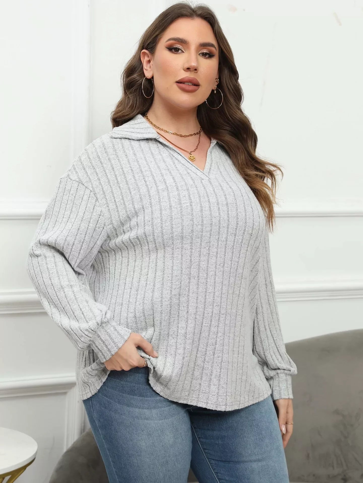 Plus Size Ribbed Knit Polo Collar T Shirt - Southern Shores Clothing