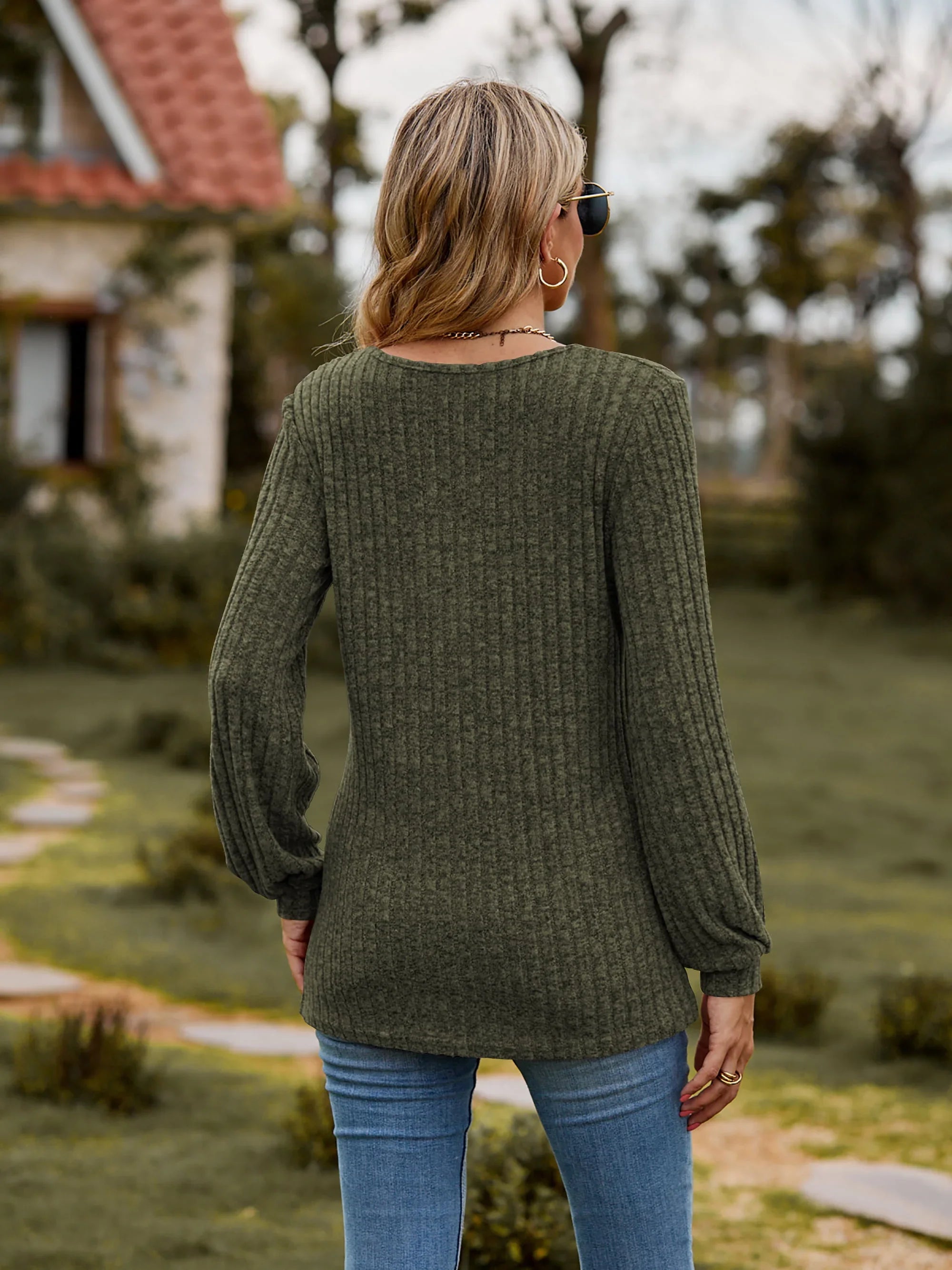 Stretchy Heathered Round Neck Button-Down Long Sleeve Tee - Southern Shores Clothing