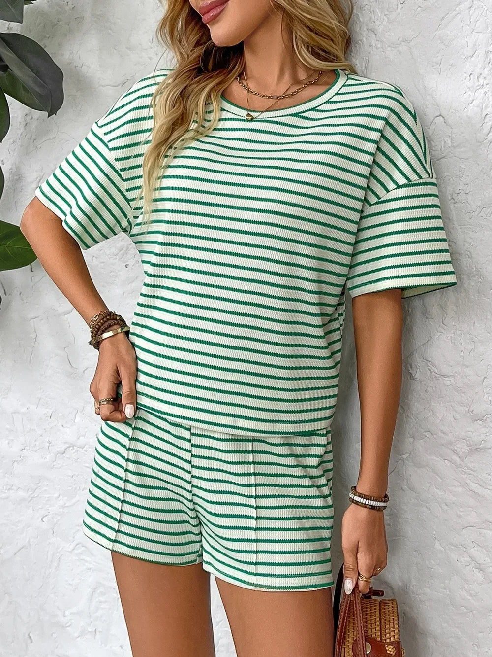 Striped Round Neck Short Sleeve Top and Shorts Set - Southern Shores Clothing
