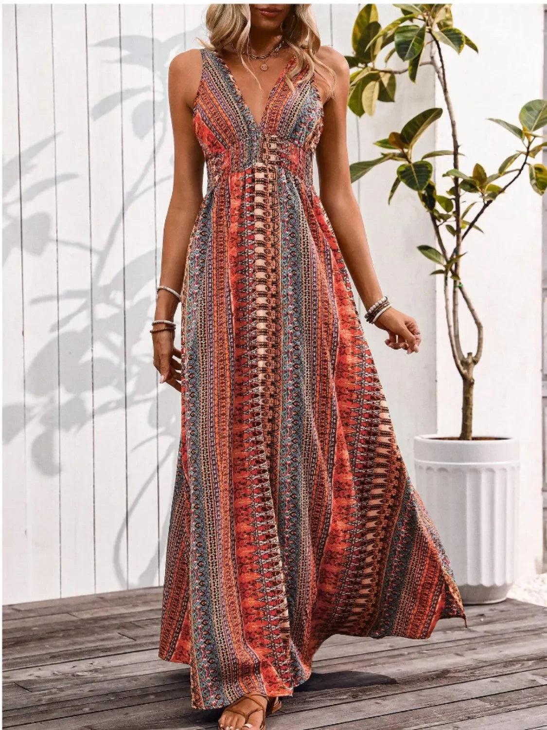 Printed All-Over Tied-Back Sleeveless Maxi Dress With Slit - Southern Shores Clothing