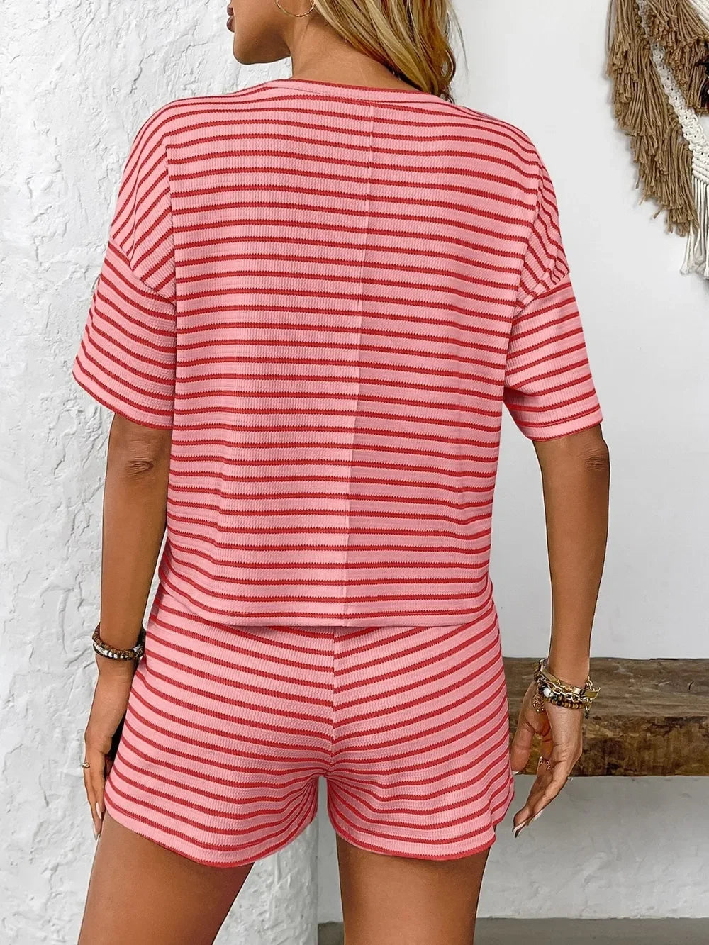 Striped Round Neck Short Sleeve Top and Shorts Set - Southern Shores Clothing