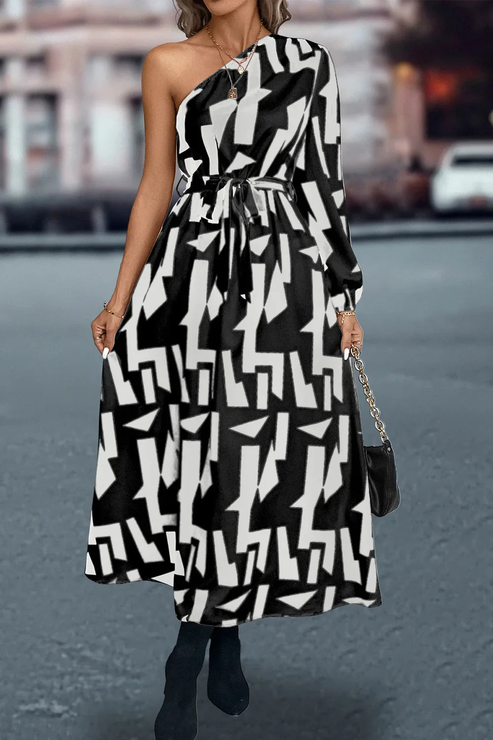 Printed One-Shoulder Tie Waist Dress - Southern Shores Clothing
