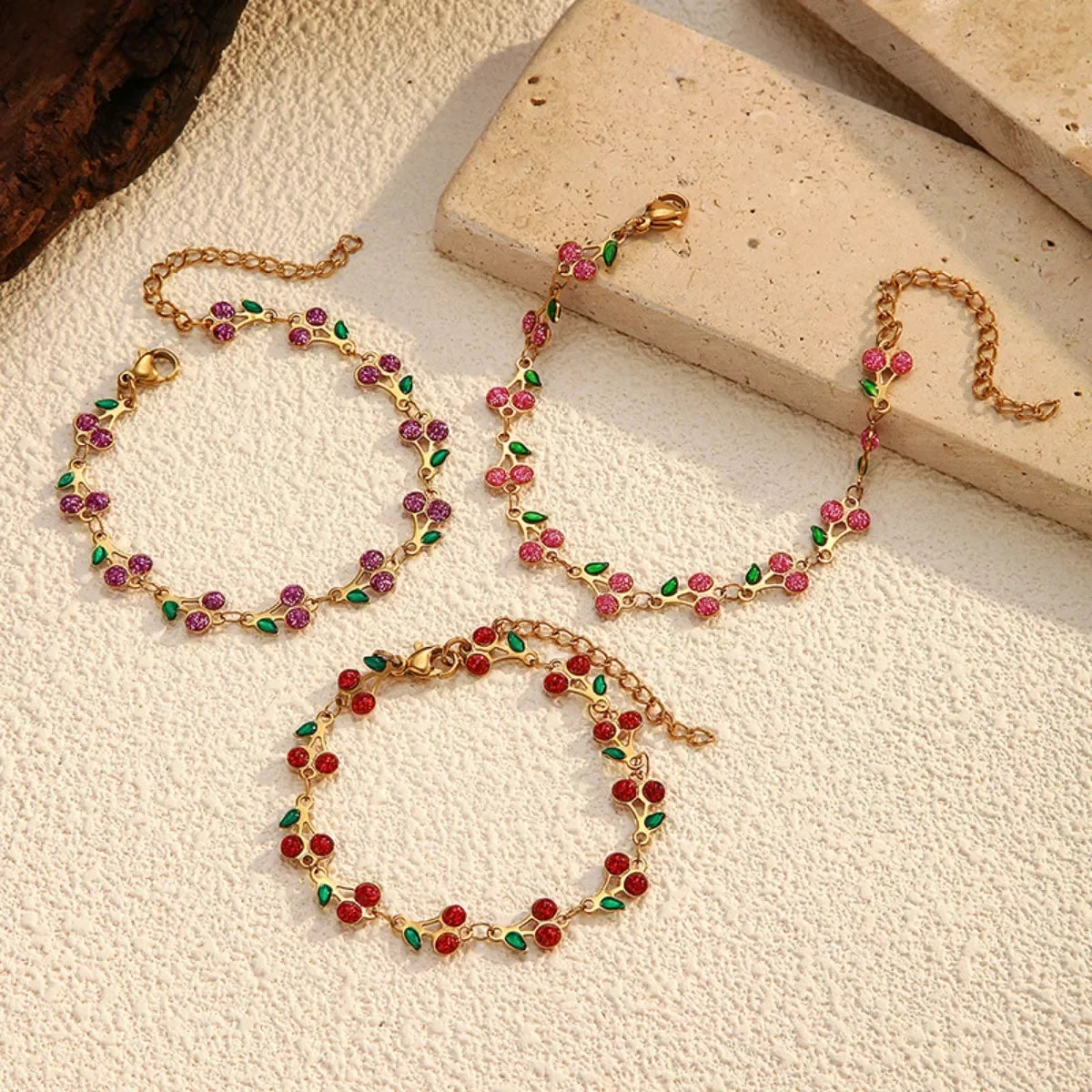 18K Plated Cherry Charm Bracelet With Green Leaves - Southern Shores Clothing