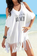 Stretchy Cold Shoulder Fringe V-Neck Cover Up One Size - Southern Shores Clothing