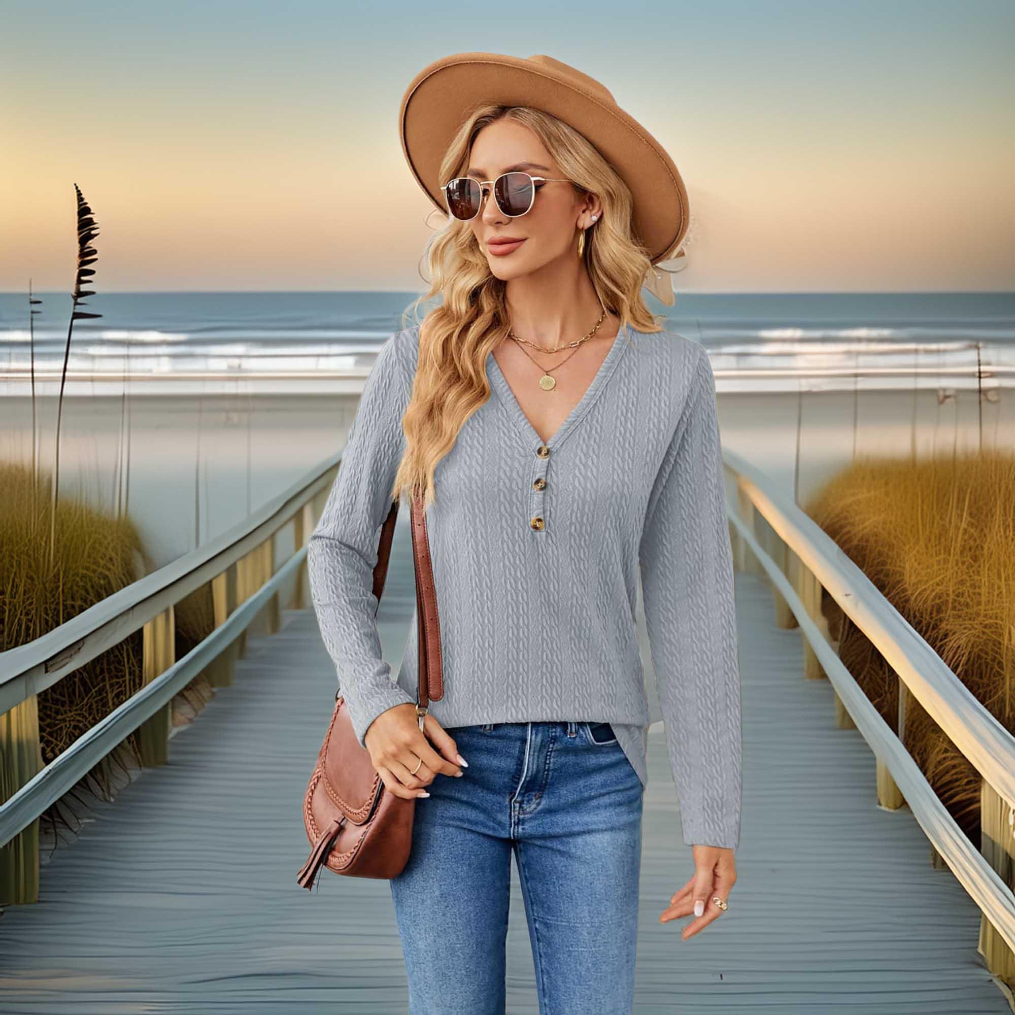 Casual Cable Knit Long Sleeve V-Neck T Shirt - Southern Shores Clothing