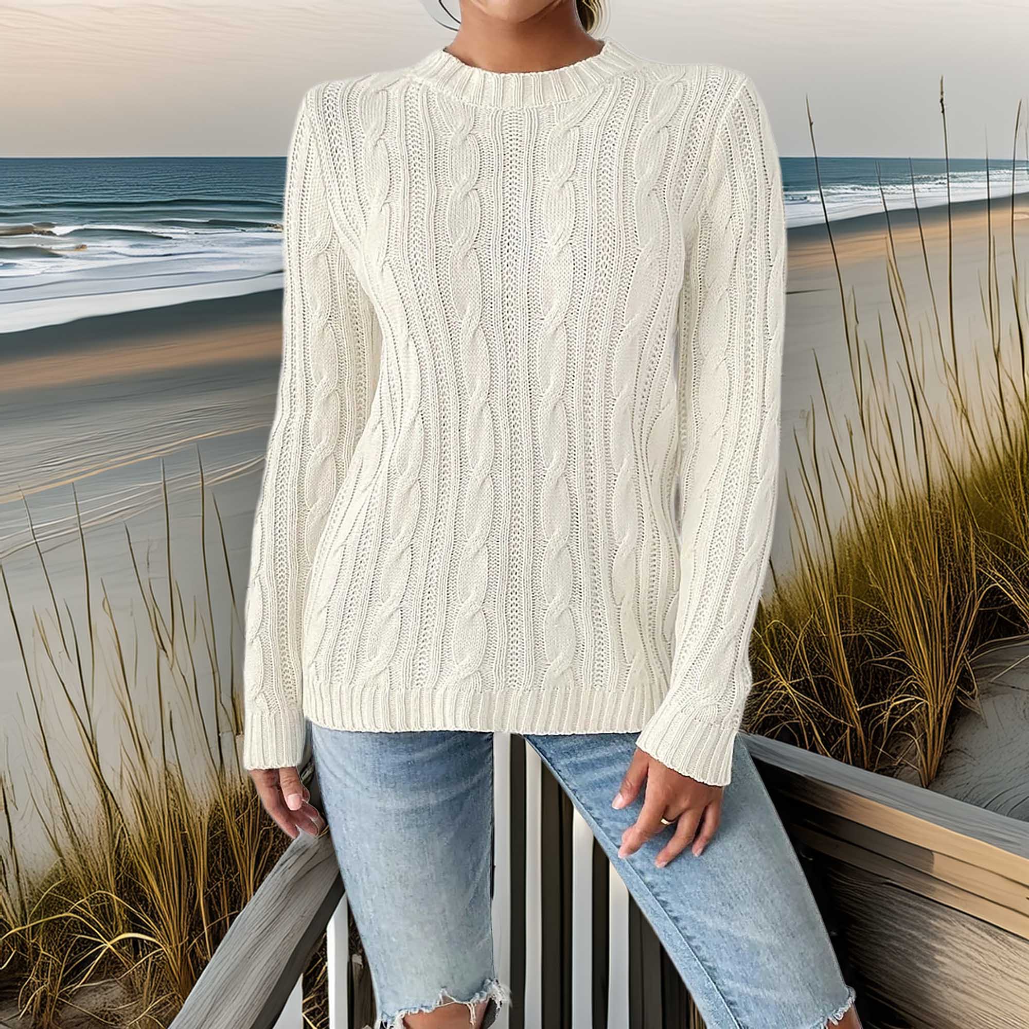 Southern Shores Cable-Knit Round Neck Sweater with Stretch