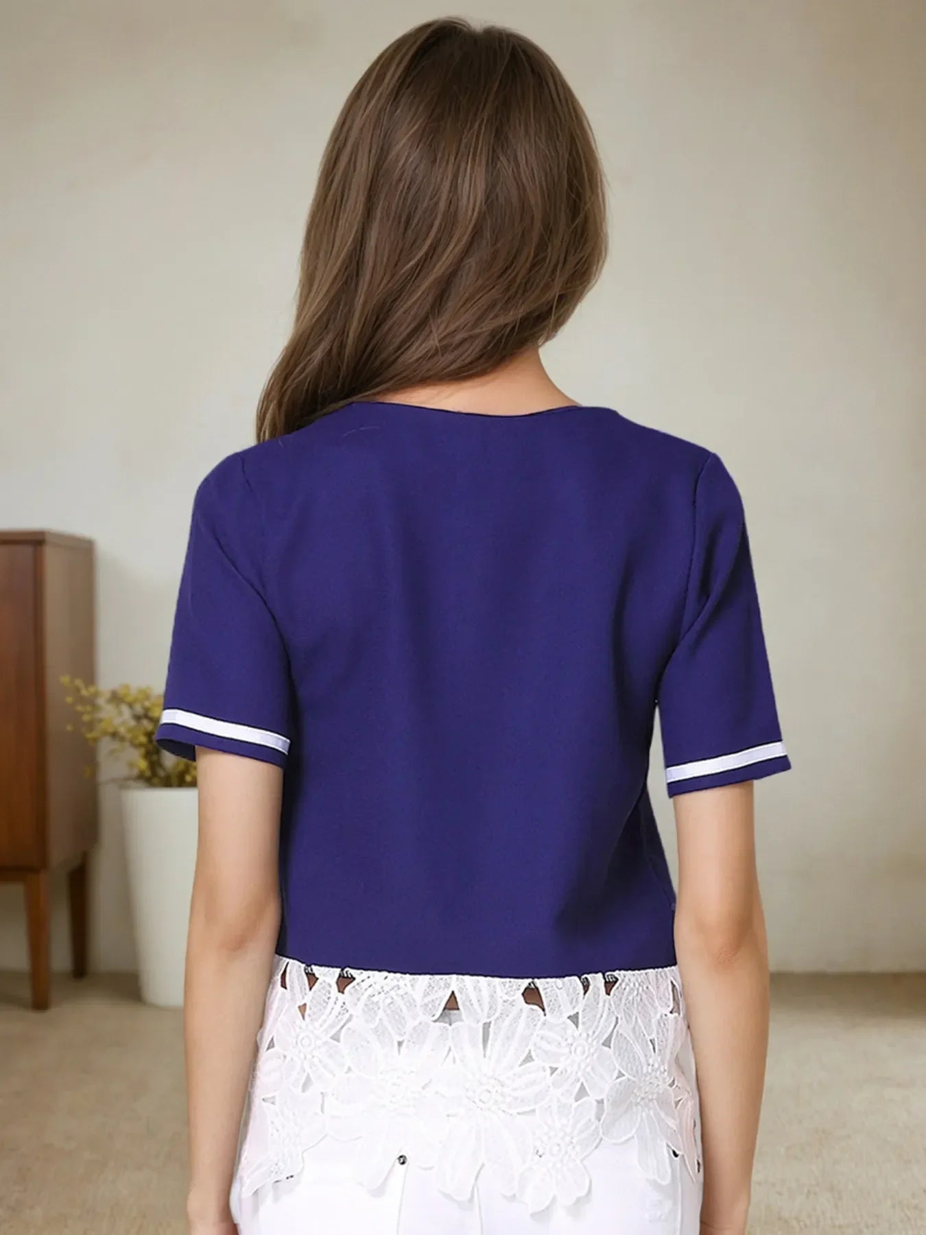 Striped Trim T Shirt With Lace Hem Detail - Southern Shores Clothing