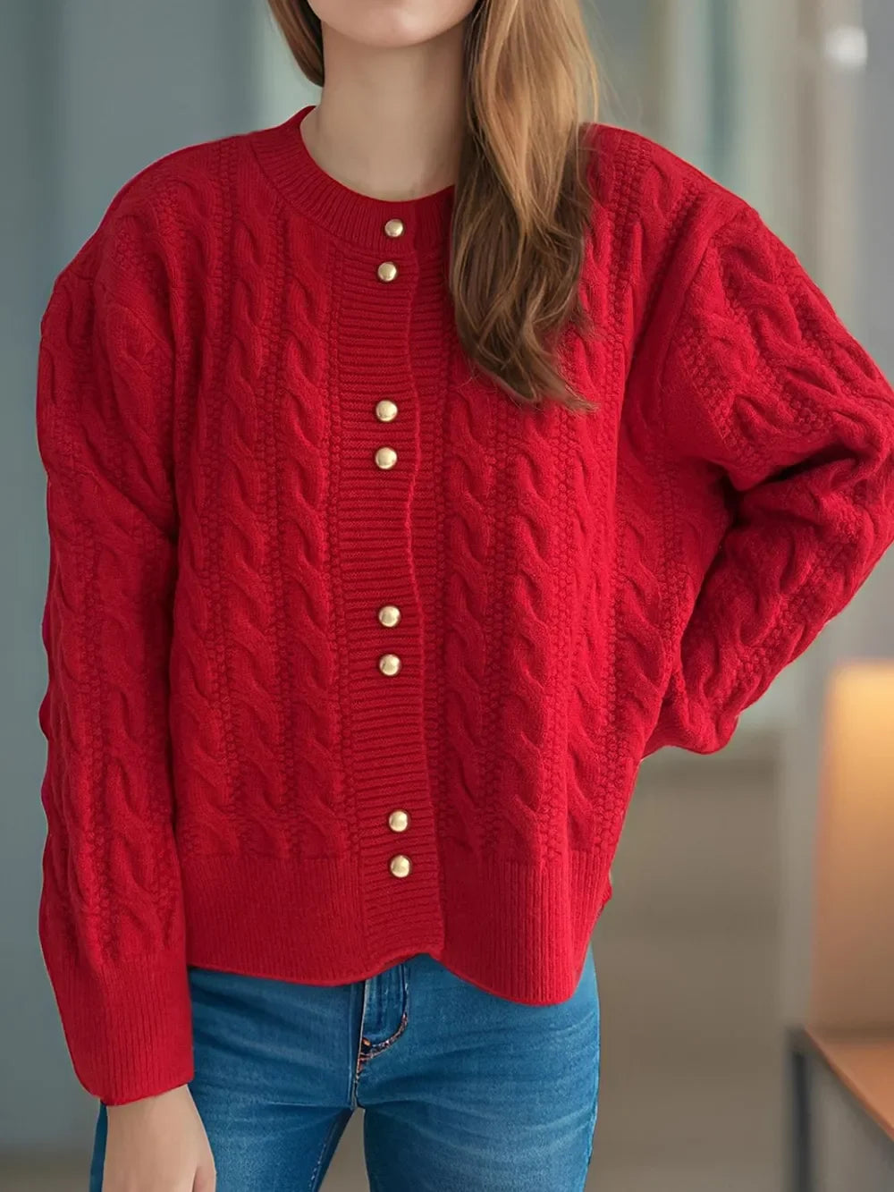 Cable-Knit Round-Neck Long Sleeve Cardigan Buttoned - Southern Shores Clothing
