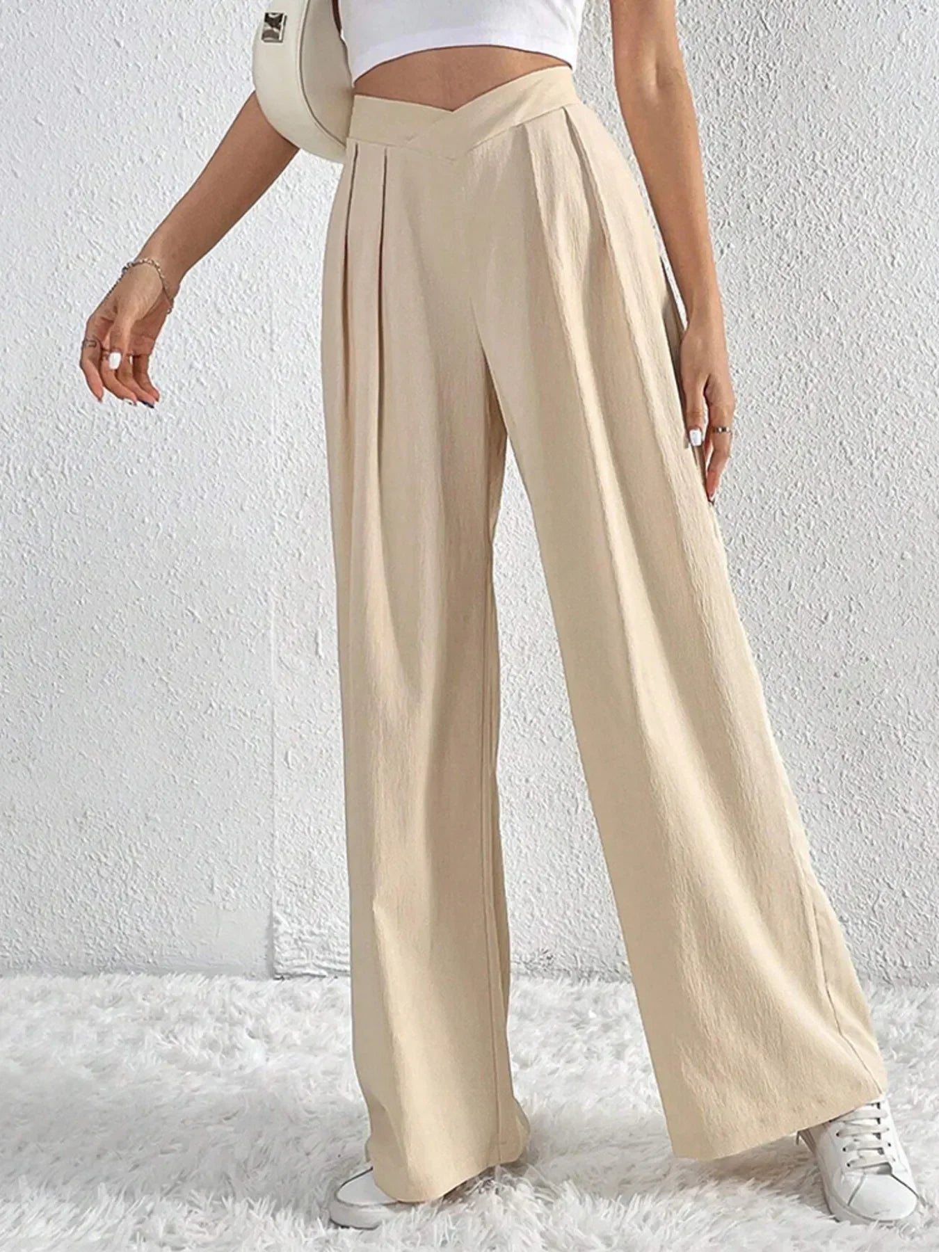 V-Waisted Ruched Front Flowing Wide Leg Pants Casual Wear - Southern Shores Clothing
