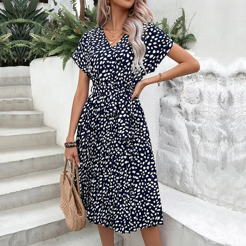 Perfee Printed Tie Waist A-Line Dress - Southern Shores Clothing