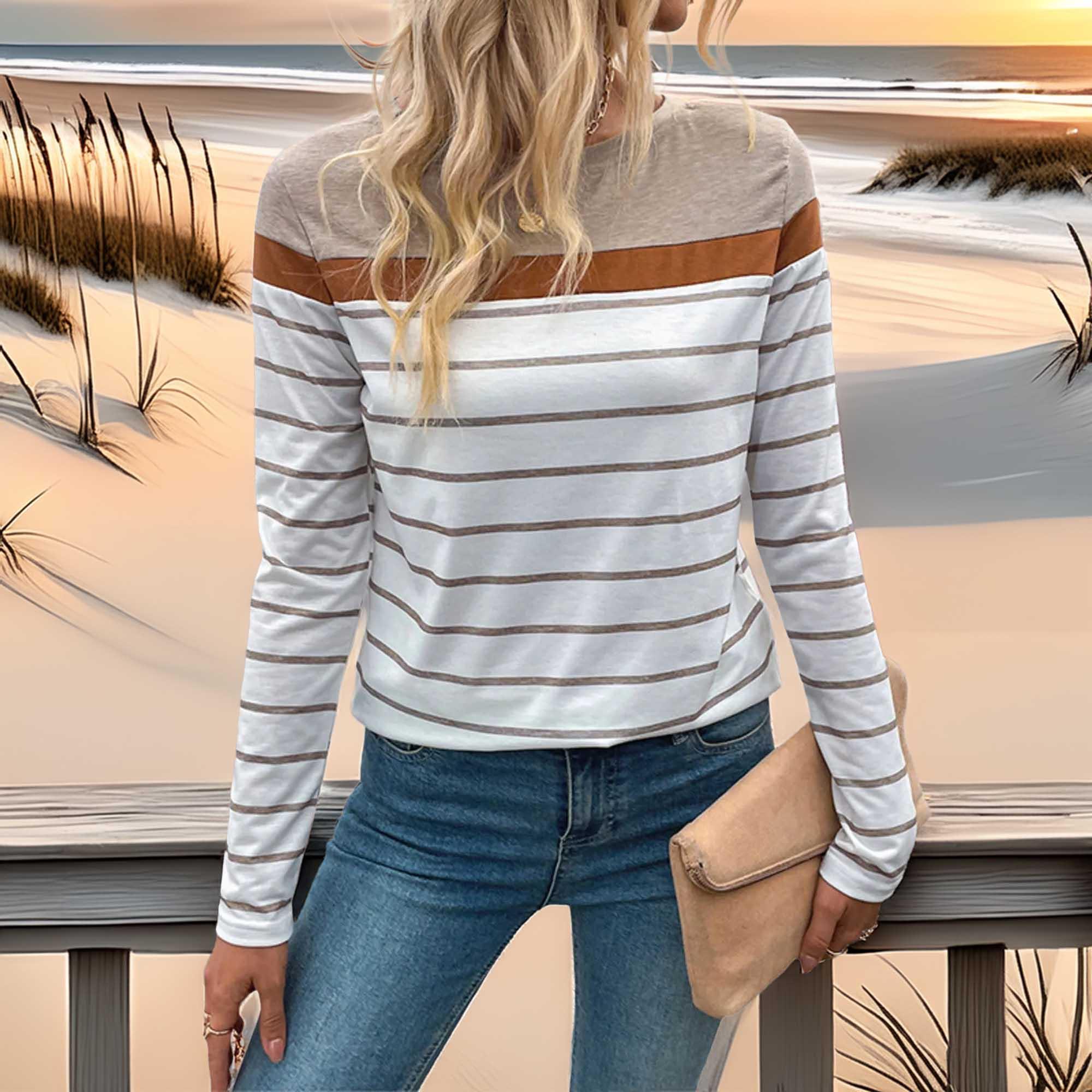 Striped Long Sleeve Stretch T Shirt Casual Top - Southern Shores Clothing