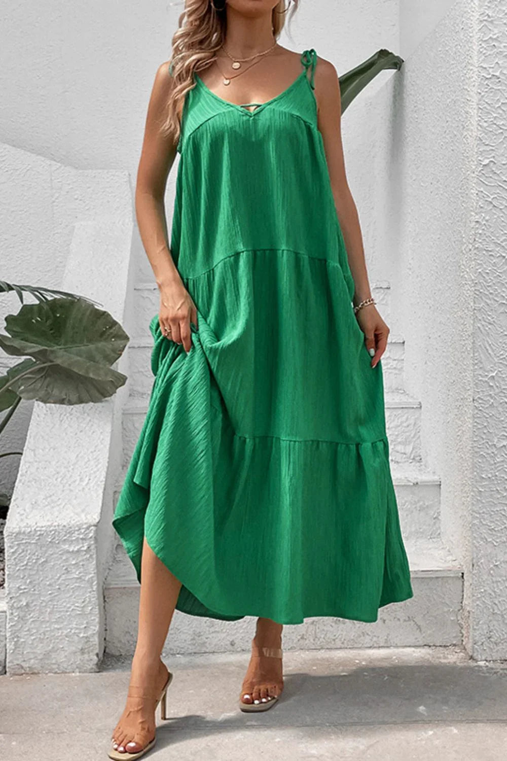 Tie-Shoulder Tiered Maxi Dress Coastal Vacation - Southern Shores Clothing