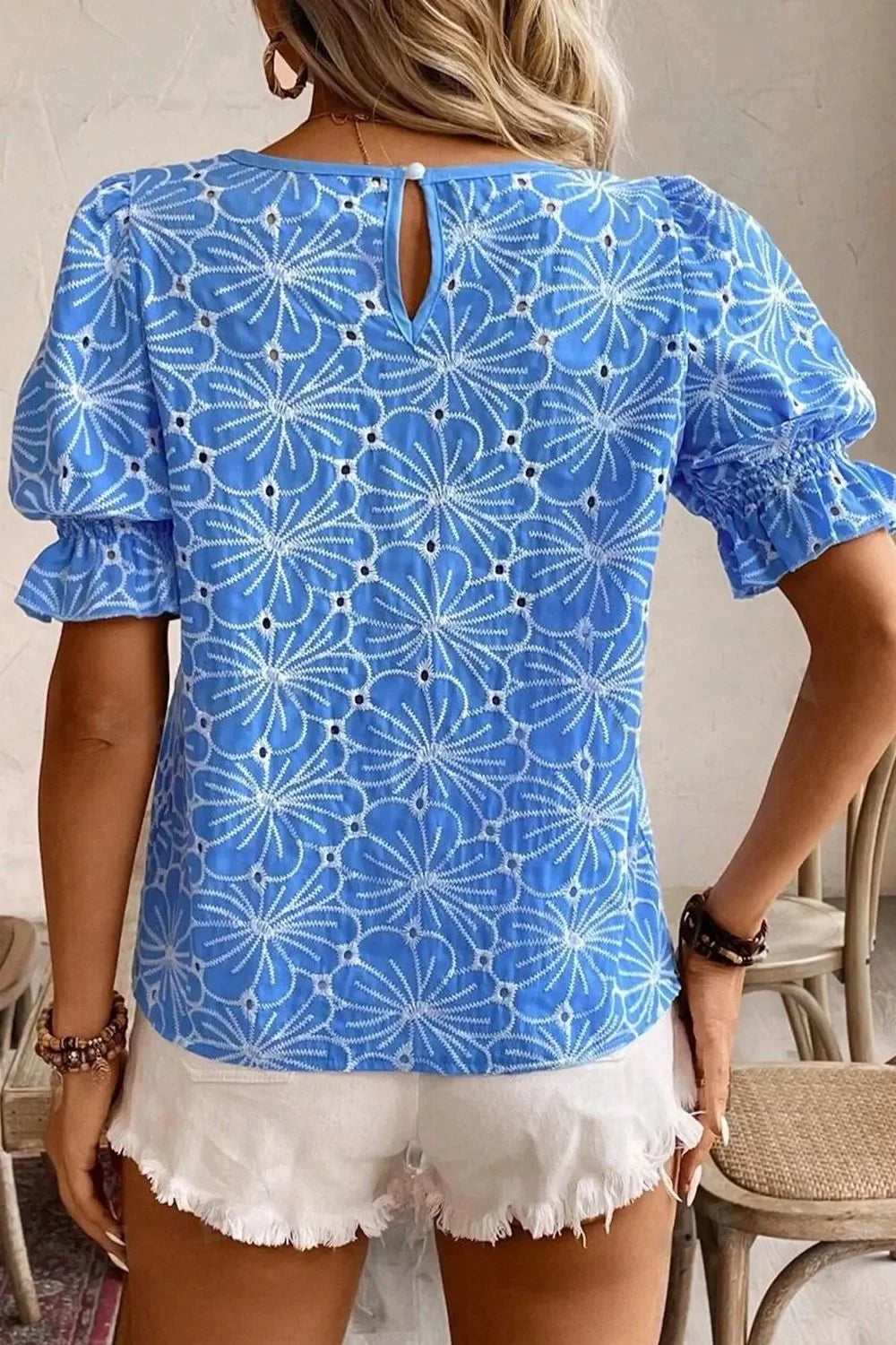 Eyelet Flower Embroidery Flounce Sleeve Blouse - Southern Shores Clothing