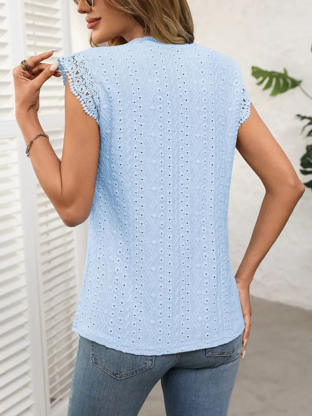 Lace Detail Eyelet Round Neck Cap Sleeve Top - Southern Shores Clothing