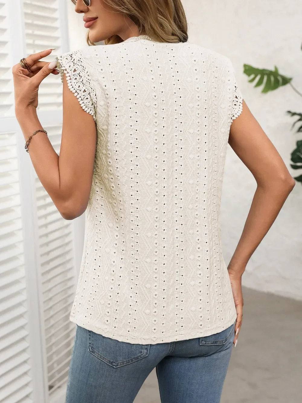 Lace Detail Eyelet Round Neck Cap Sleeve Top - Southern Shores Clothing