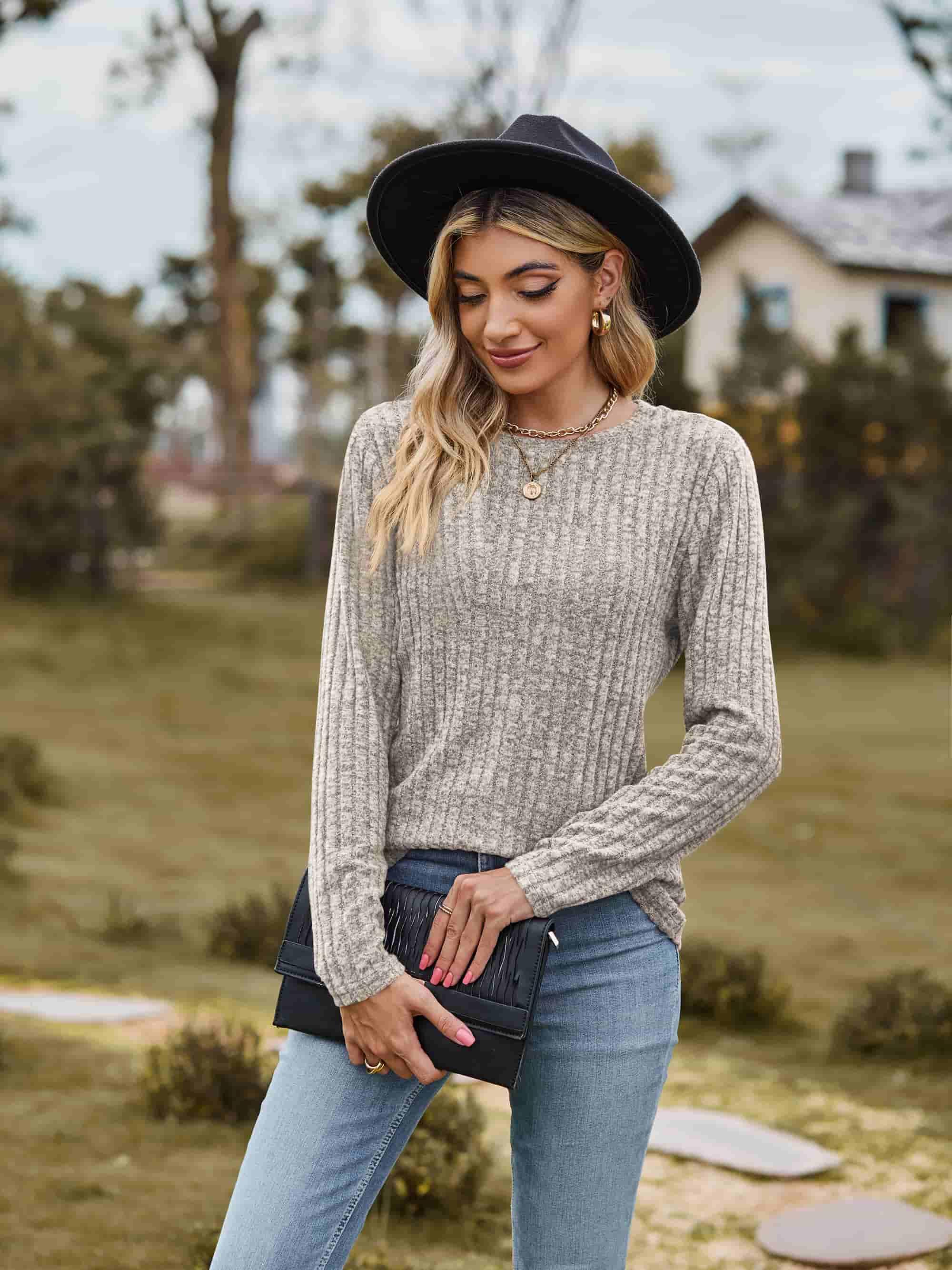 Ribbed Round Neck Long Sleeve Tee For Everyday Wear - Southern Shores Clothing
