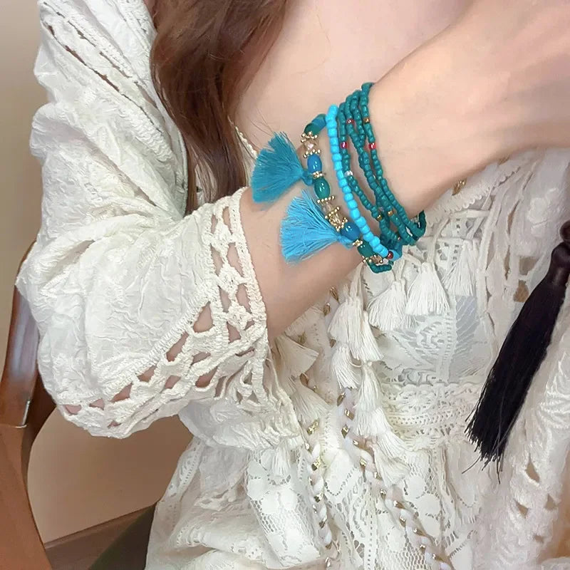 Multi Strand Boho Tassel Rice Bead Bracelet With Layered Beads - Southern Shores Clothing