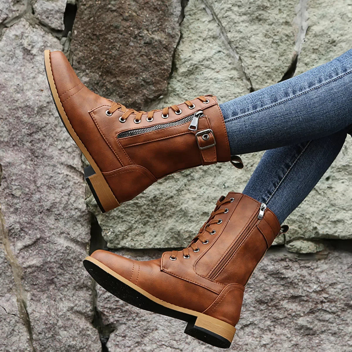 Lace-Up Ankle Boots With Zipper Detail, Low Heels - Southern Shores Clothing