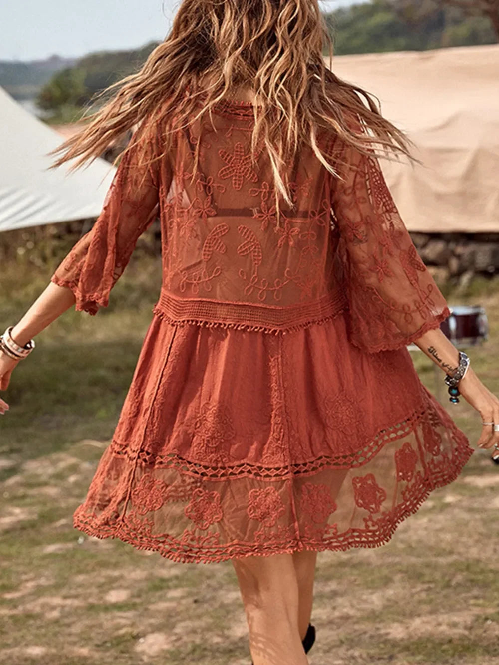 Lace Detail Plunge Cover Up Dress One Size - Southern Shores Clothing