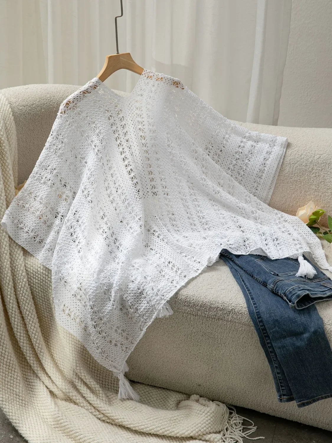 Openwork Tassel Open Front Knit Cover Up Kimono Lightweight - Southern Shores Clothing