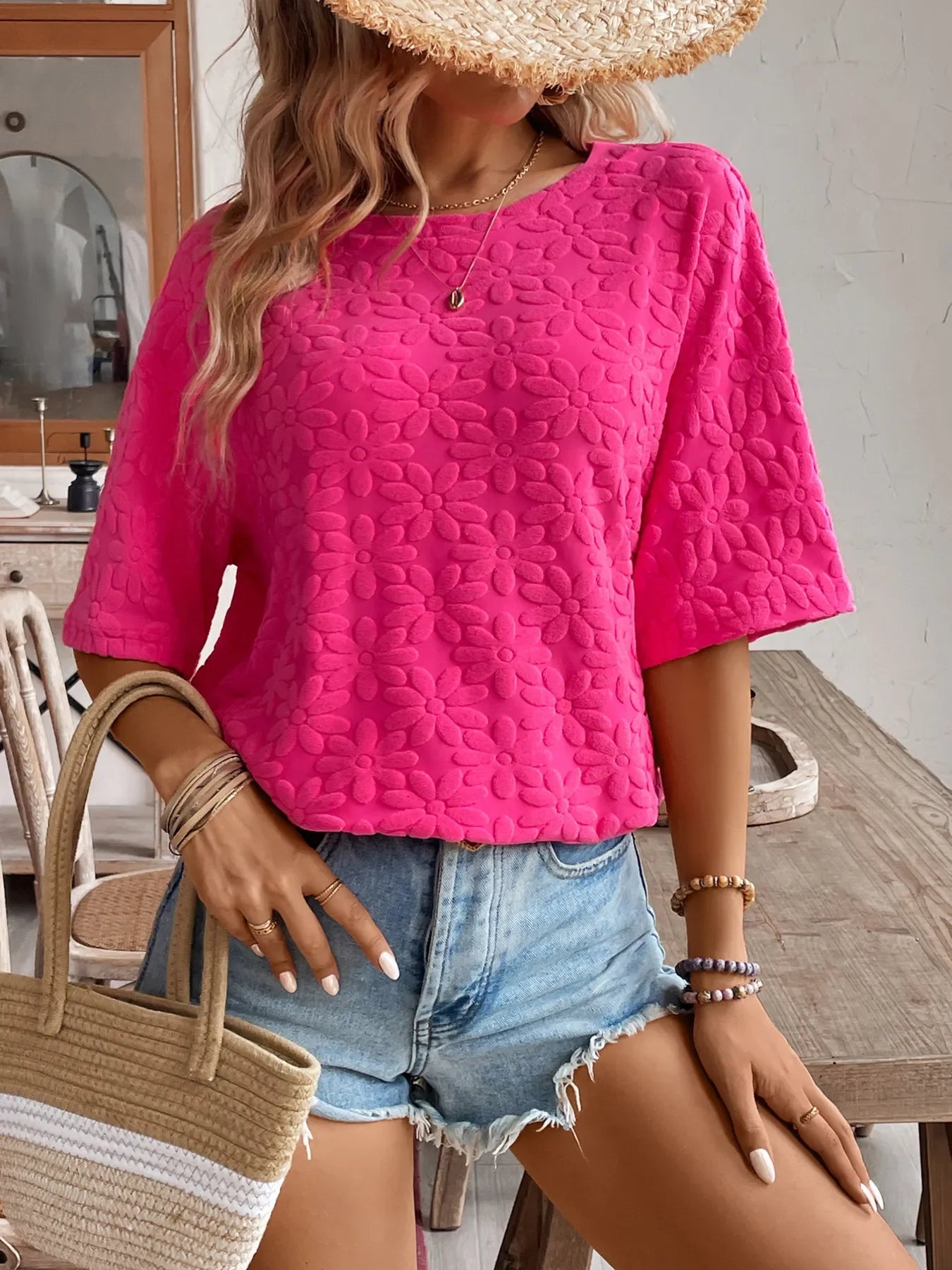 Textured Round Neck Oversized T Shirt With Stretchy Fabric - Southern Shores Clothing