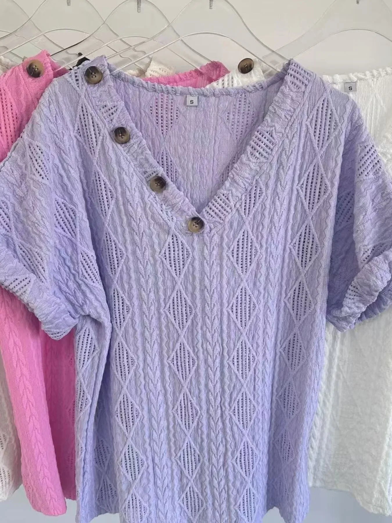Textured V-Neck Short Sleeve Buttoned Top With Openwork - Southern Shores Clothing