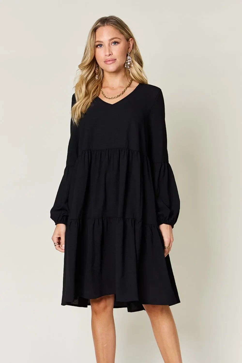 V Neck Balloon Sleeve Tiered Dress With Pockets