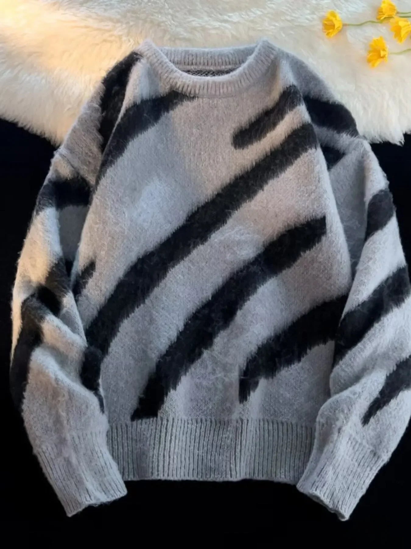 Relaxed Striped Fuzzy Oversized Knit Pullover