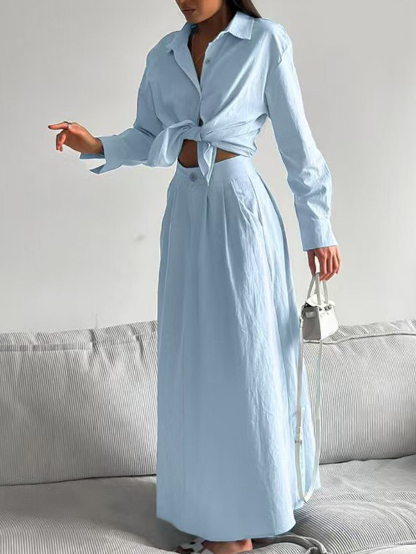 Tie-Front Shirt And Maxi Skirt Two Piece Set