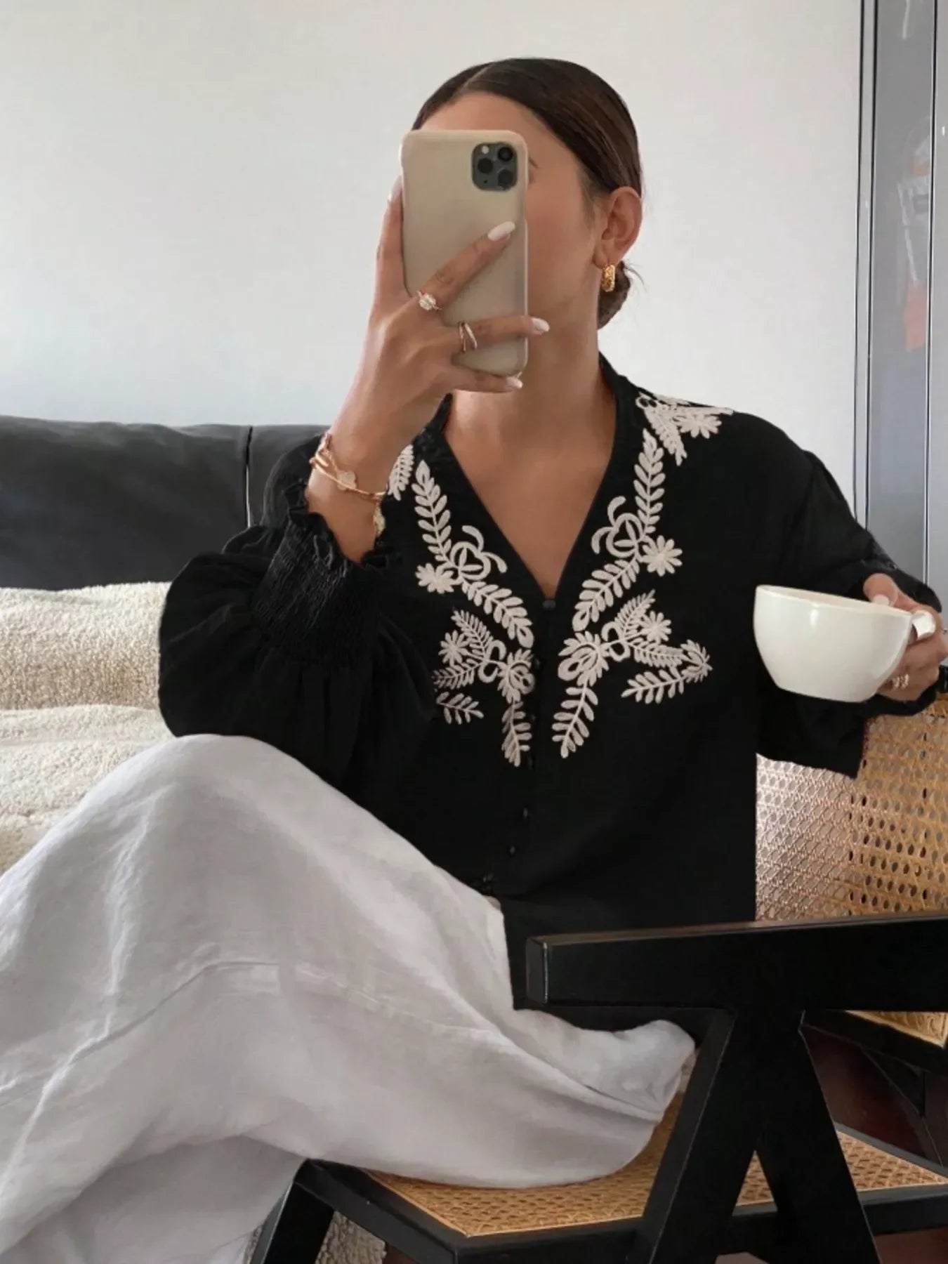 Southern Shores Elegant Embroidered Long Sleeve Buttoned Polyester Blouse With Je T'aime Design - Southern Shores Clothing