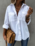 Button Up Roll-Tab Sleeve Pocketed Polyester Shirt Casual - Southern Shores Clothing