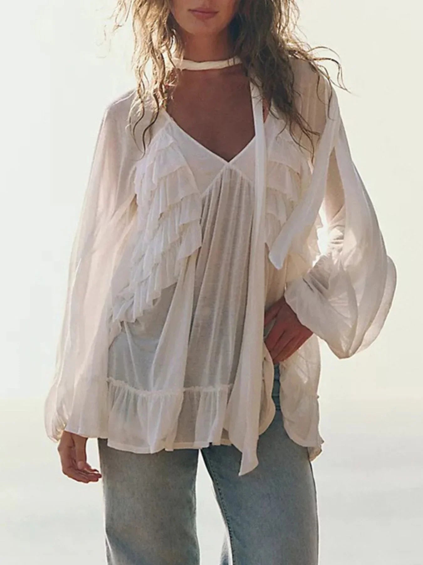 Sheer Ruffle Trim Cover Up With Layered Ruffles Relaxed Fit - Southern Shores Clothing